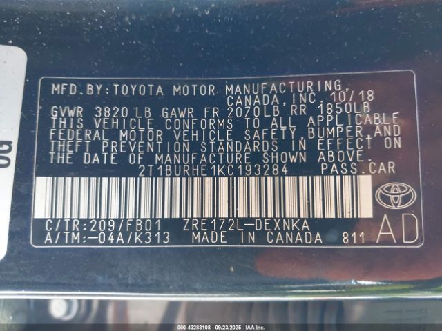 2019 TOYOTA COROLLA 2T1BURHE1KC193284 Photo 8