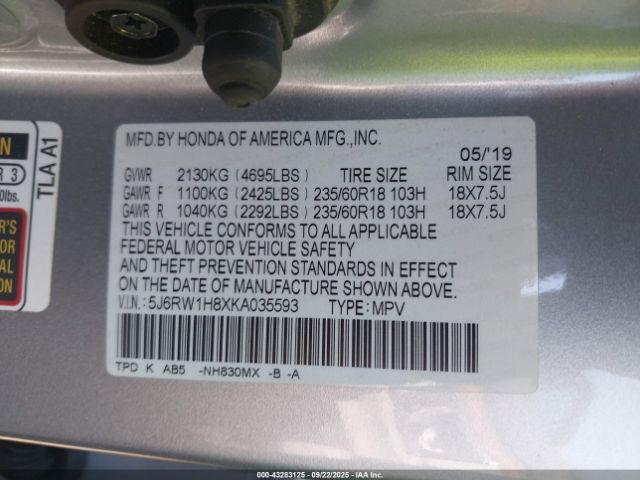 2019 HONDA CR-V 5J6RW1H8XKA035593 Photo 8