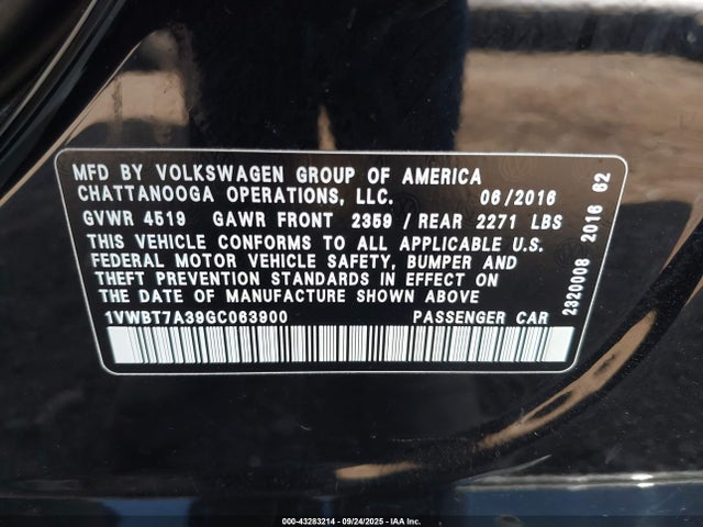 1VWBT7A39GC063900 Volkswagen Passat