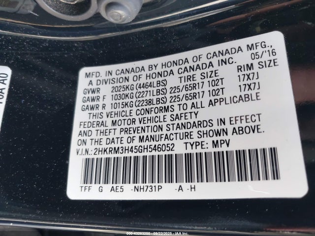 Honda k24w9 2016 2HKRM3H45GH546052 Image 9