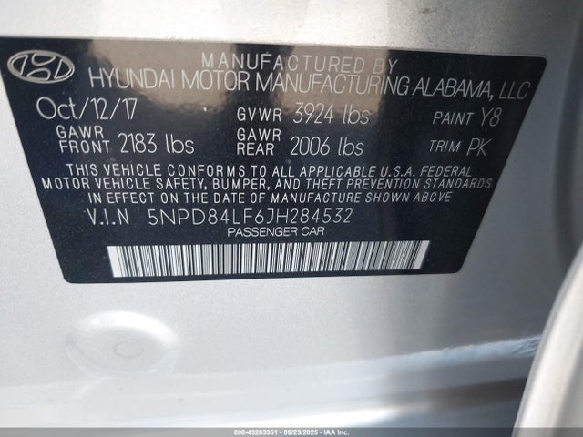 5NPD84LF6JH284532 Hyundai mpi nu