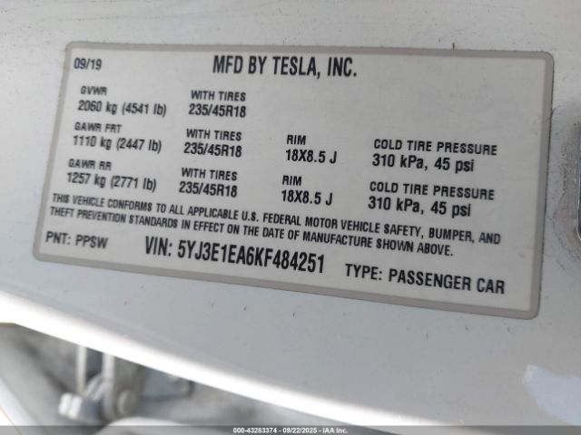 2019 TESLA MODEL 3 5YJ3E1EA6KF484251 Photo 8