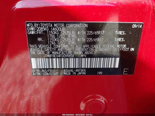 Toyota 2ar-fe 2015 JTMBFREV4FD099858 Image 9