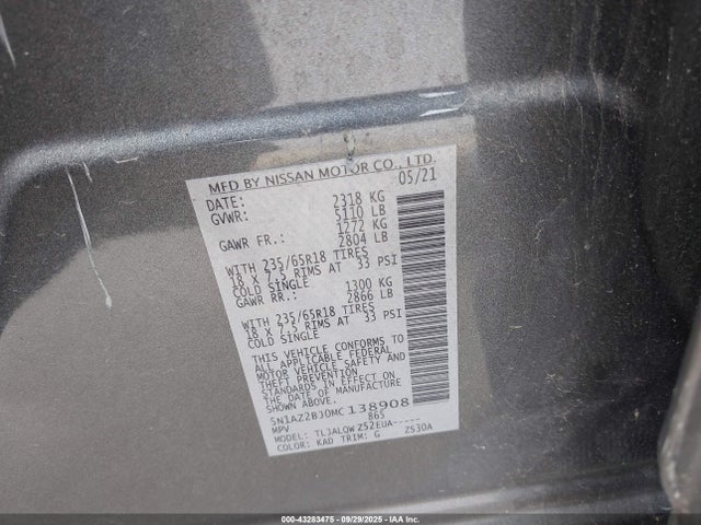 Продажа на аукционе авто 2021 Nissan Murano Sv Fwd, vin: 5N1AZ2BJ0MC138908, номер лота: 43283475