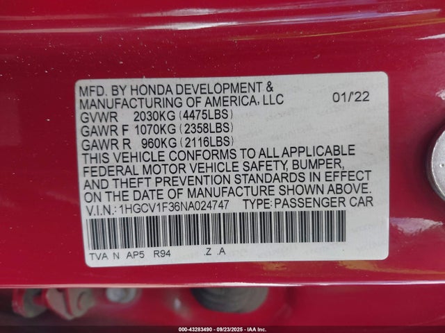 1HGCV1F36NA024747 Honda l15be