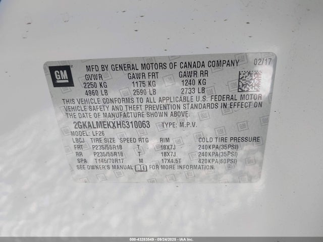 GMC lea - sidi: spark ignited direct injection, e85 max, alum 2017 2GKALMEKXH6310063 Image 9