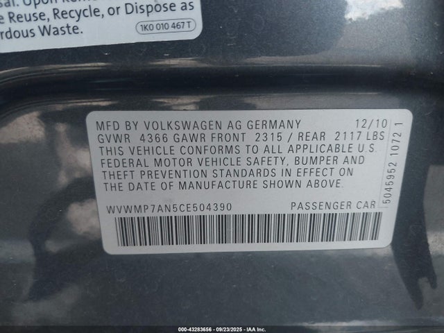 2012 Volkswagen Cc Sport მანქანა იყიდება აუქციონზე, vin: WVWMP7AN5CE504390, აუქციონის ნომერი: 43283656