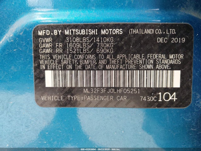 Aukcja sprzedaży 2020 Mitsubishi Mirage G4 Es, vin: ML32F3FJ0LHF05251, numer aukcji: 43283694