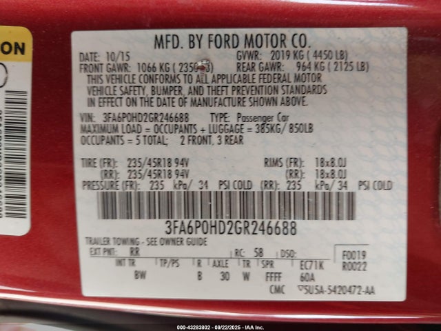 Ford Fusion 2016 3FA6P0HD2GR246688 Image 9