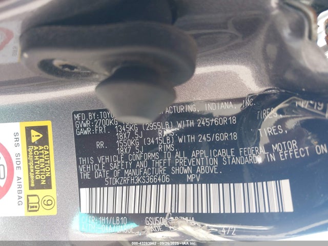 5TDKZRFH3KS366406 Toyota Highlander Xle