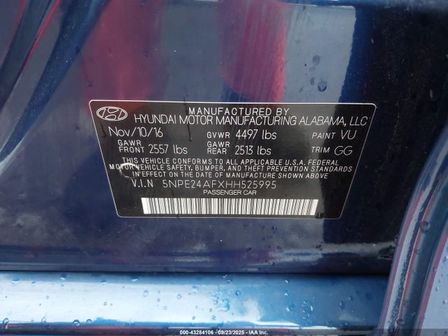 2017 Hyundai Sonata Se მანქანა იყიდება აუქციონზე, vin: 5NPE24AFXHH525995, აუქციონის ნომერი: 43284106