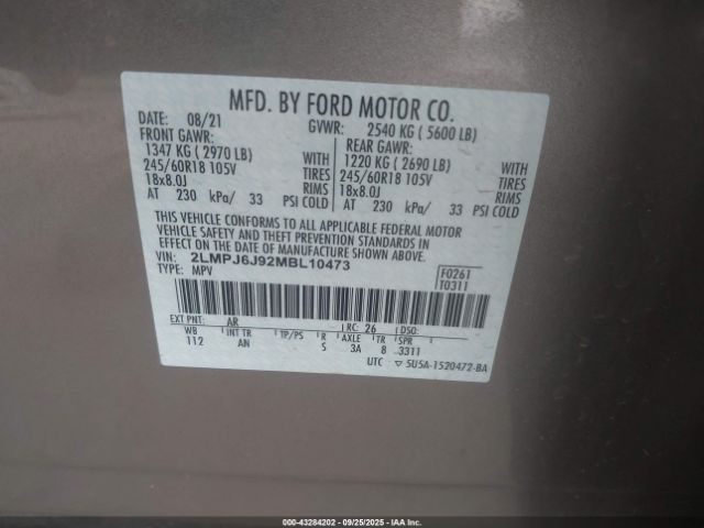 2021 LINCOLN NAUTILUS 2LMPJ6J92MBL10473 Photo 8