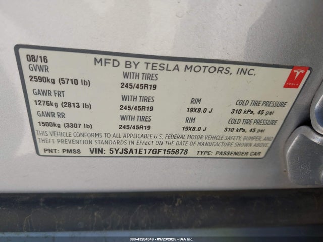 Tesla 3 phase a/c induction (single motor) 2016 5YJSA1E17GF155878 Image 9