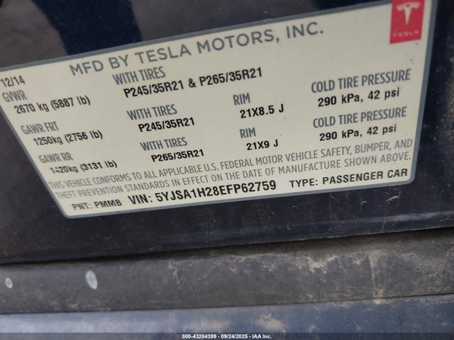 2014 TESLA MODEL S 5YJSA1H28EFP62759 Photo 8
