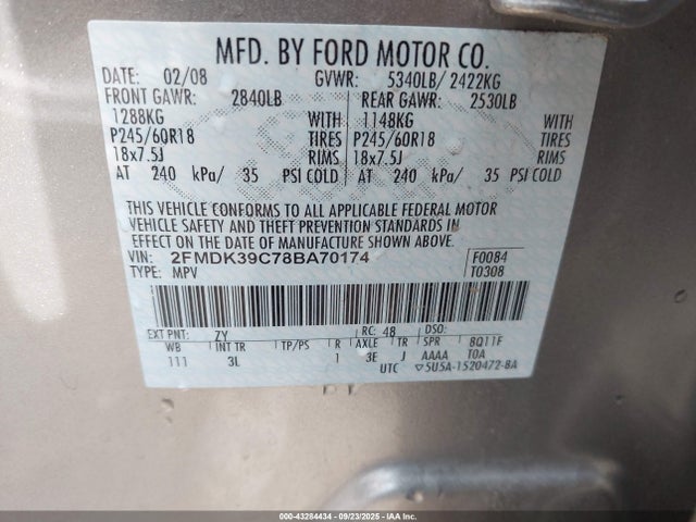 Aukcja sprzedaży 2008 Ford Edge Limited, vin: 2FMDK39C78BA70174, numer aukcji: 43284434
