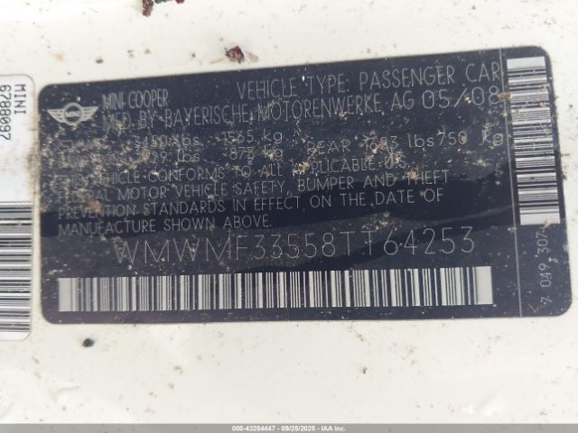 2008 MINI COOPER WMWMF33558TT64253 Photo 8