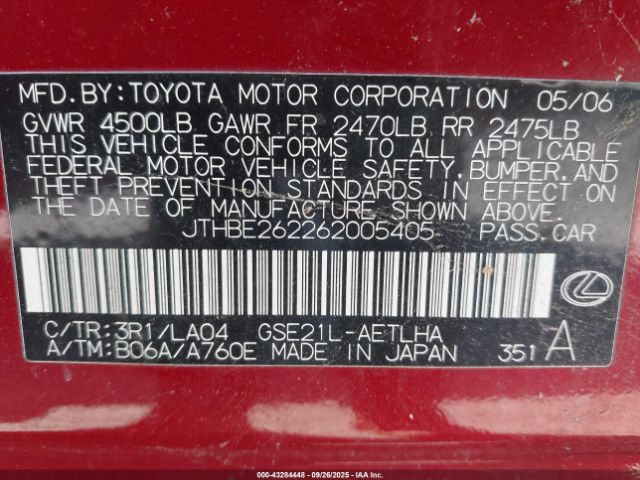 2006 LEXUS IS 350 JTHBE262262005405 Photo 8
