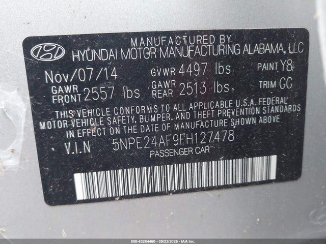 5NPE24AF9FH127478 Hyundai SONATA SE