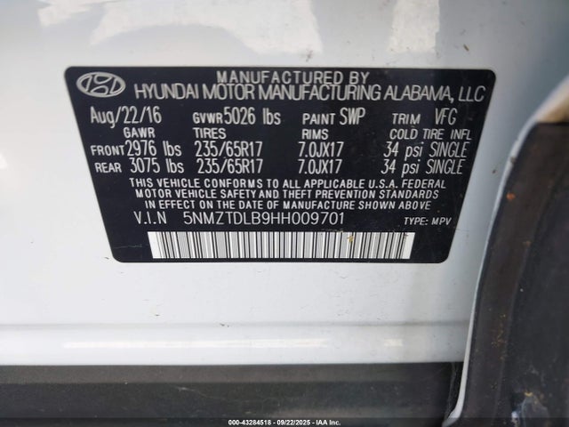 5NMZTDLB9HH009701 Hyundai gdi theta ii