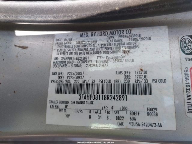 2008 FORD FUSION 3FAHP08118R242891 Photo 8