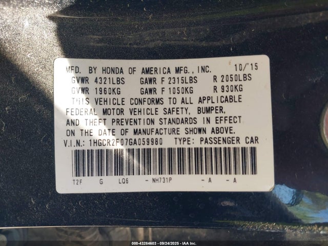 1HGCR2F07GA059980 Honda k24w1