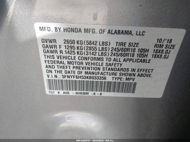 Honda j35y6 2019 5FNYF6H53KB033356 Image 9