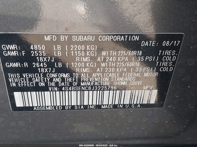 43285080 :رقم المزاد ، 4S4BSENC8J3225796 vin ، 2018 Subaru Outback 3.6r Limited مزاد بيع