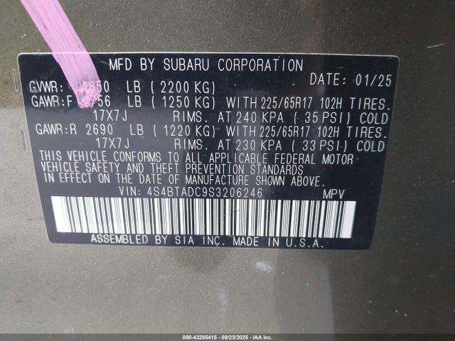 43285415 :رقم المزاد ، 4S4BTADC9S3206246 vin ، 2025 Subaru Outback Premium مزاد بيع