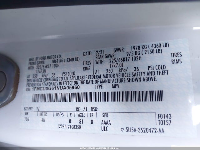 1FMCU0G61NUA05960 Ford dragon di tc