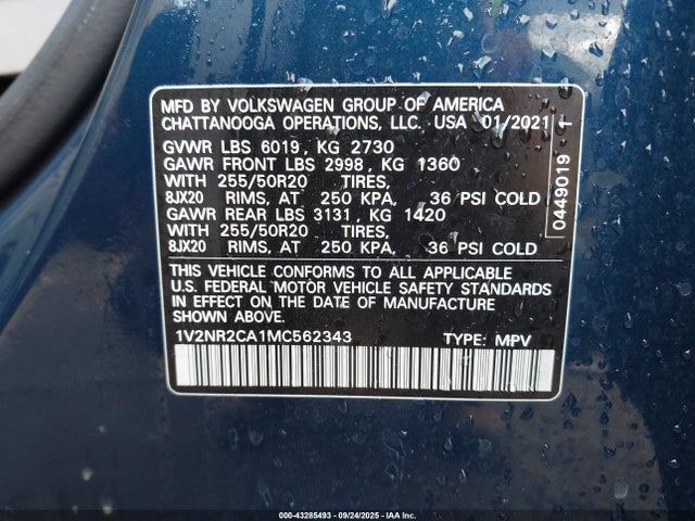 43285493 :رقم المزاد ، 1V2NR2CA1MC562343 vin ، 2021 Volkswagen Atlas 3.6l V6 Se W/technology R-line مزاد بيع