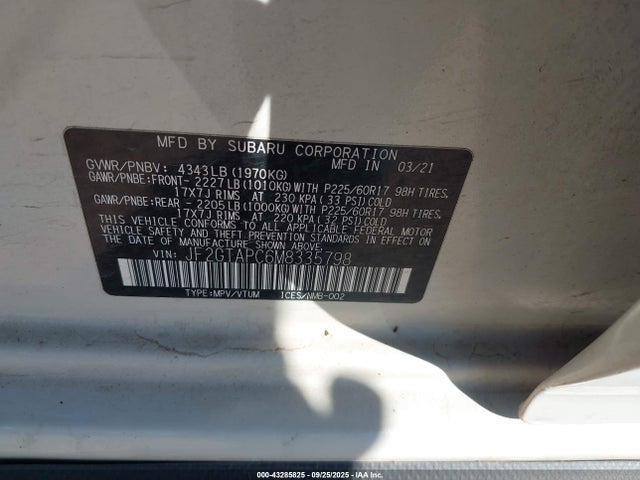 Продаж на аукціоні авто 2021 Subaru Crosstrek Premium, vin: JF2GTAPC6M8335798, номер лоту: 43285825