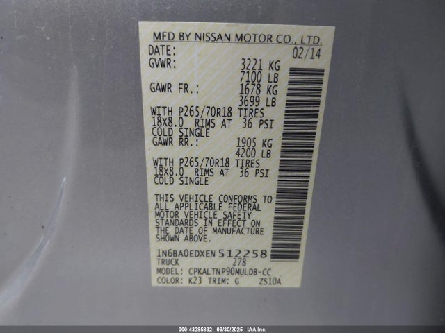 Продаж на аукціоні авто 2014 Nissan Titan Sv, vin: 1N6BA0EDXEN512258, номер лоту: 43285832