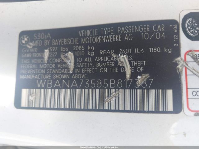 2005 BMW 530I WBANA73585B817387 Photo 8