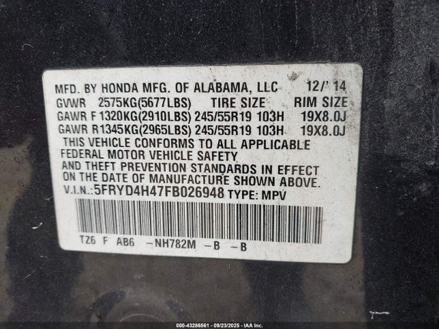 Acura j35y5 2015 5FRYD4H47FB026948 Image 9