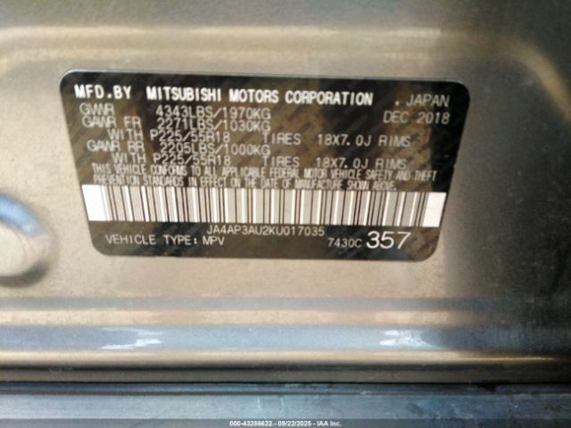 2019 MITSUBISHI OUTLANDER SPORT JA4AP3AU2KU017035 Photo 8