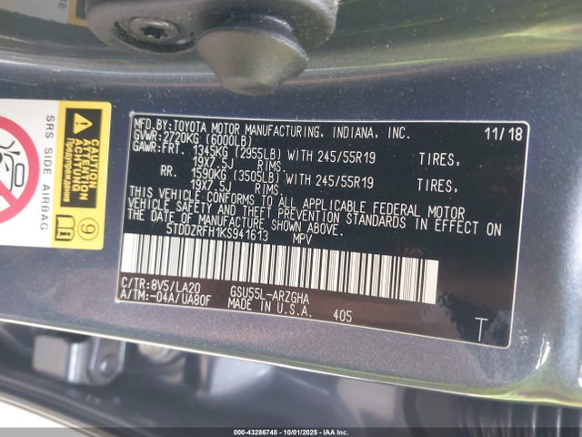 5TDDZRFH1KS941613 Toyota 2gr-fks