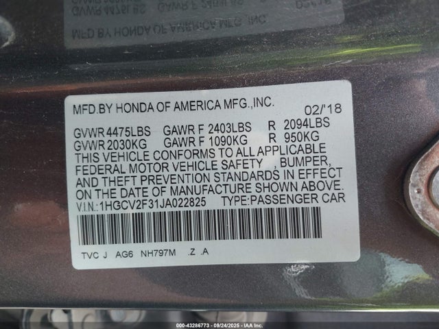 1HGCV2F31JA022825 Honda k20c4