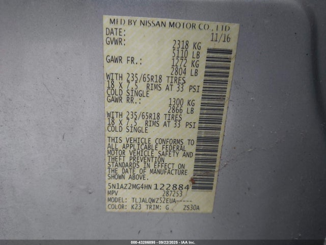 5N1AZ2MG4HN122884 Nissan 2017
