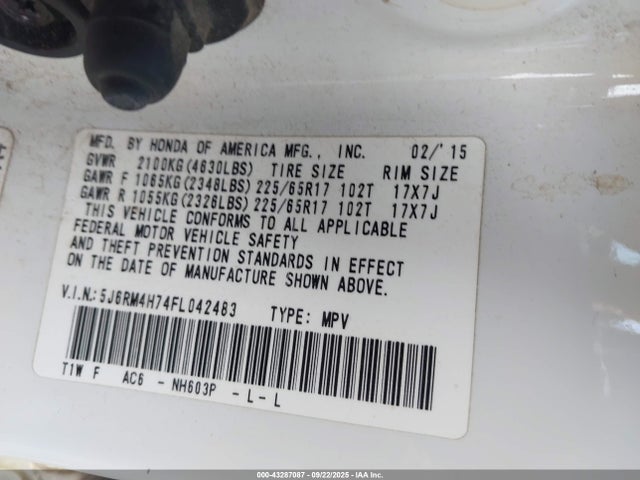 Honda k24w9 2015 5J6RM4H74FL042483 Image 9