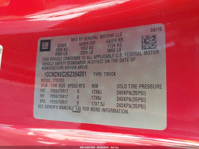 1GCNCNEC2GZ394281 Chevrolet l83 - sidi, vvt, afm, e85 max, aluminum