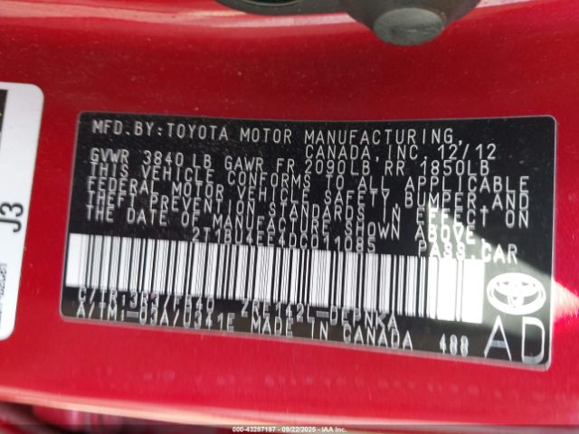 2013 TOYOTA COROLLA 2T1BU4EE4DC011085 Photo 8