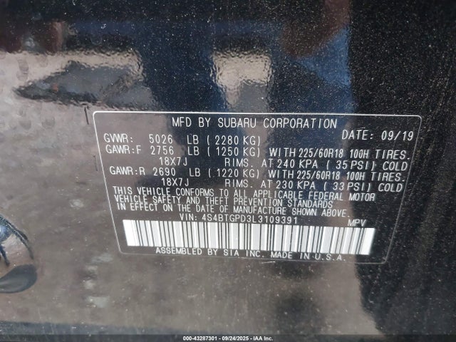 43287301 :رقم المزاد ، 4S4BTGPD3L3109391 vin ، 2020 Subaru Outback Touring Xt مزاد بيع