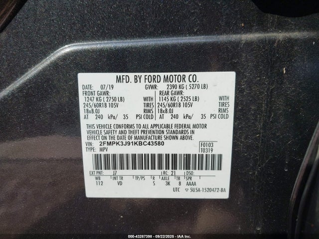 2FMPK3J91KBC43580 Ford 2.0l gtdi w/premium fuel