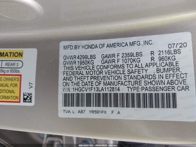 1HGCV1F13LA112814 Honda l15be