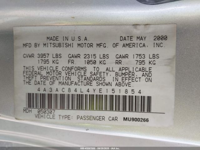 2000 MITSUBISHI ECLIPSE 4A3AC84L4YE151854 Photo 8