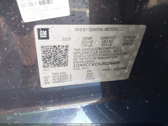 43287615 :رقم المزاد ، 1GNSCCKC5JR236429 vin ، 2018 Chevrolet Tahoe Premier مزاد بيع