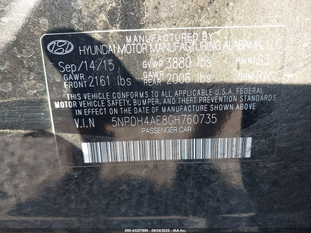 5NPDH4AE8GH760735 Hyundai dohc mpi nu