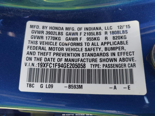 19XFC1F94GE205058 Honda l15b7