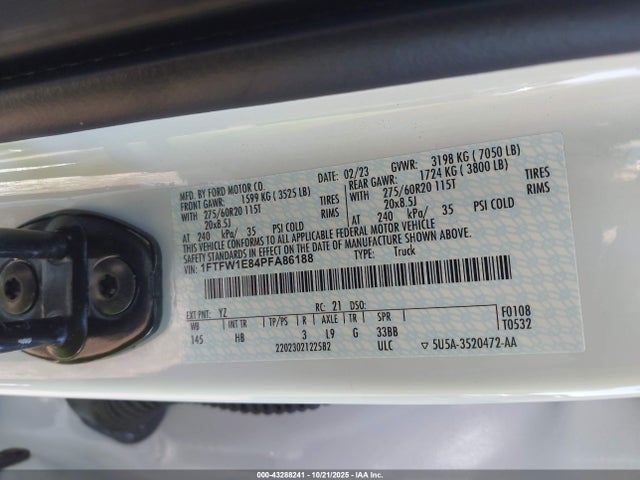 Auction sale of the 2023 Ford F-150 Lariat, vin: 1FTFW1E84PFA86188, lot number: 43288241