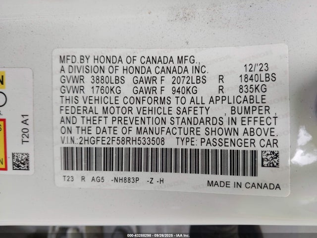 Auction sale of the 2024 Honda Civic Sport, vin: 2HGFE2F58RH533508, lot number: 43288298